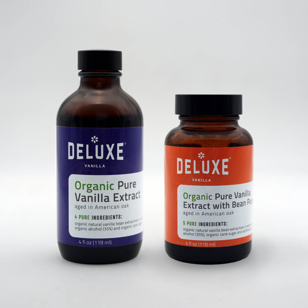 Mixed Case of (12) Pure Organic Vanilla Extract and (12) Pure Organic Vanilla Extract with Bean Paste in retail bottles